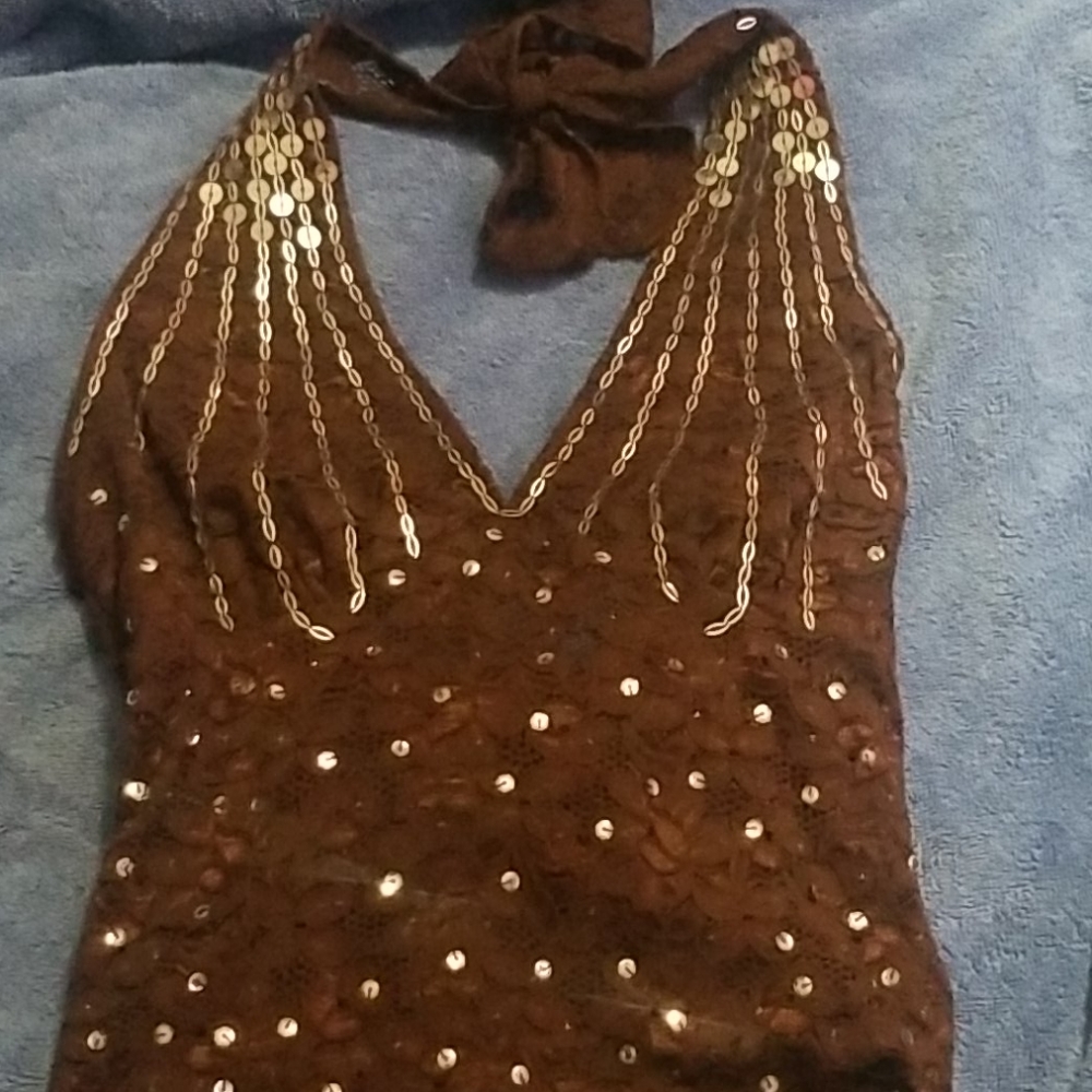 Brown tied neck halter top with sequins size S